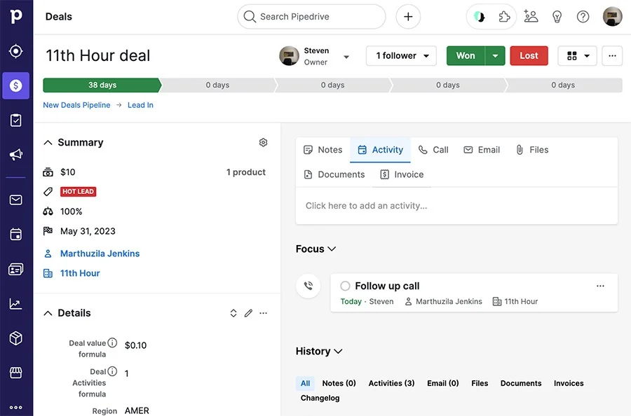 Pipedrive deal workspace