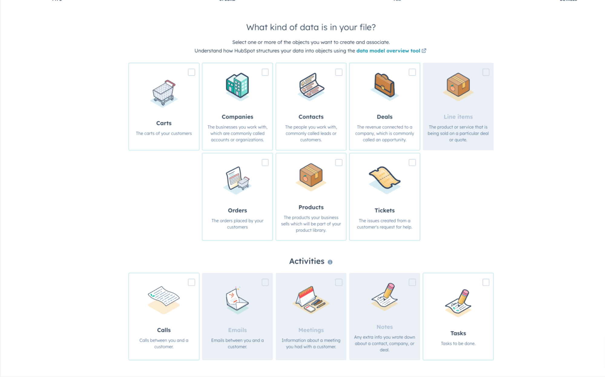 HubSpot import screen for choosing CRM record types