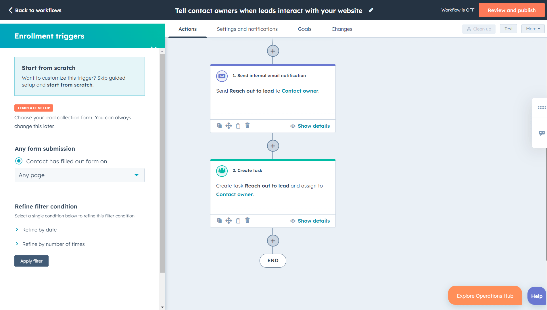 HubSpot workflow automation builder with lead follow-up steps