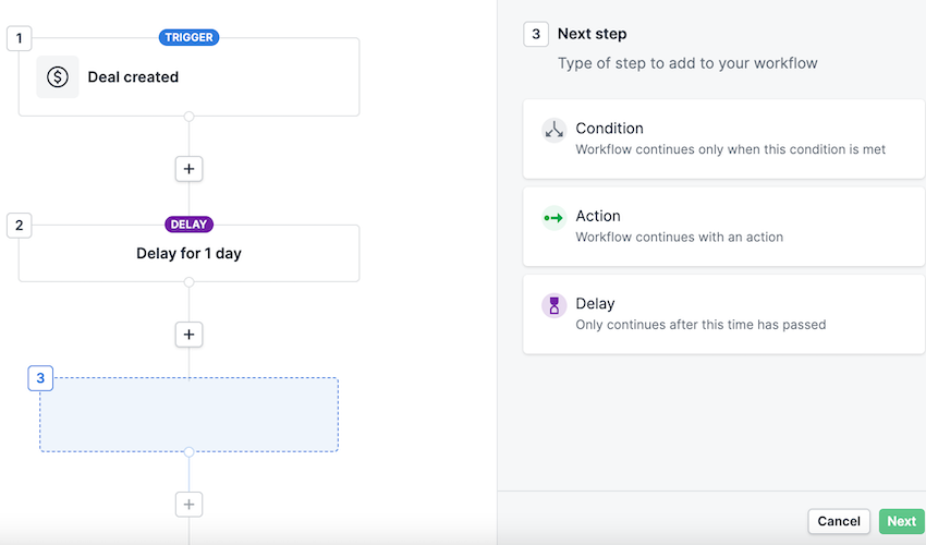 Pipedrive workflow automation with deal-created trigger and delay