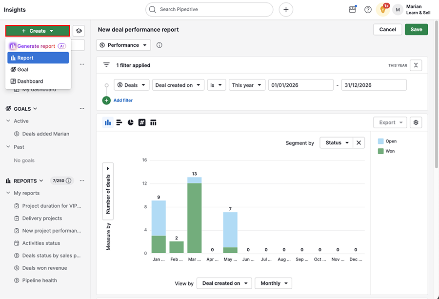 Pipedrive Insights report creation screen